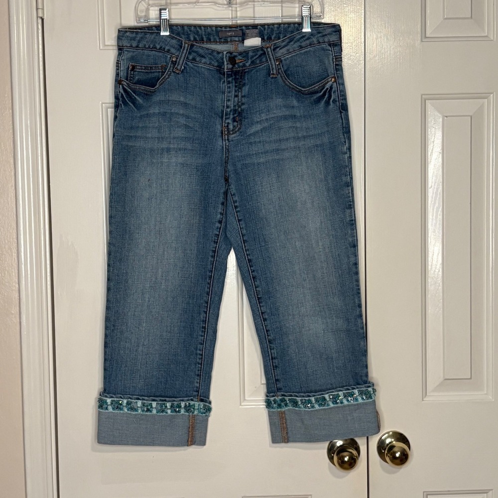 Apt. 9 Cropped Jeans Women's 14 Beaded Sequin Hem Blue Stretch Mid Rise Denim